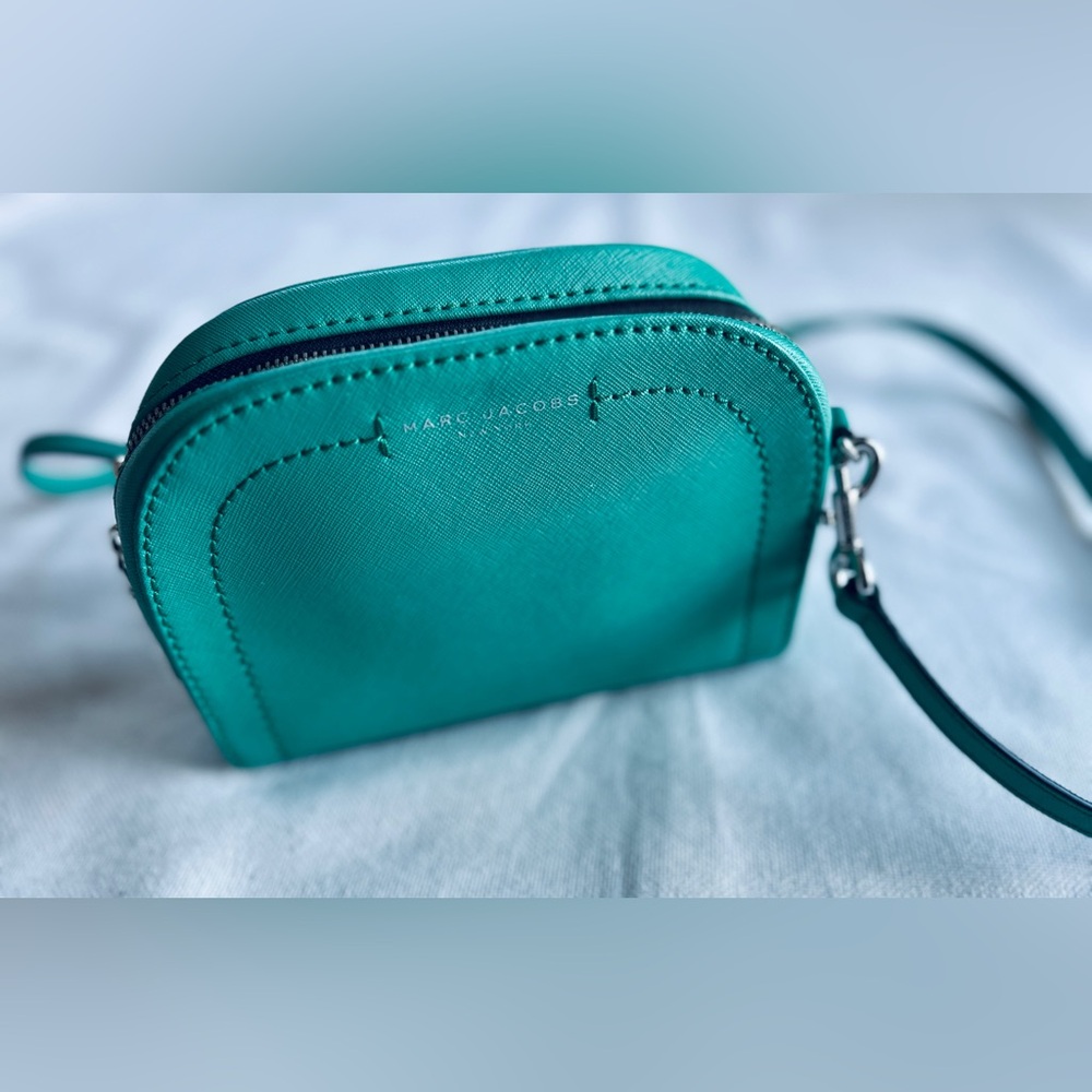 MARC JACOBS Playback Saffiano Leather Crossbody Bag | Teal Mini Half Moon Purse